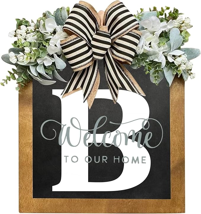 16'' Personalized Last Name Welcome Sign, Door Wreaths for Front Door Outside, Spring Wreath for Front Door Decor, Farmhouse New Home Gifts for Home (B)