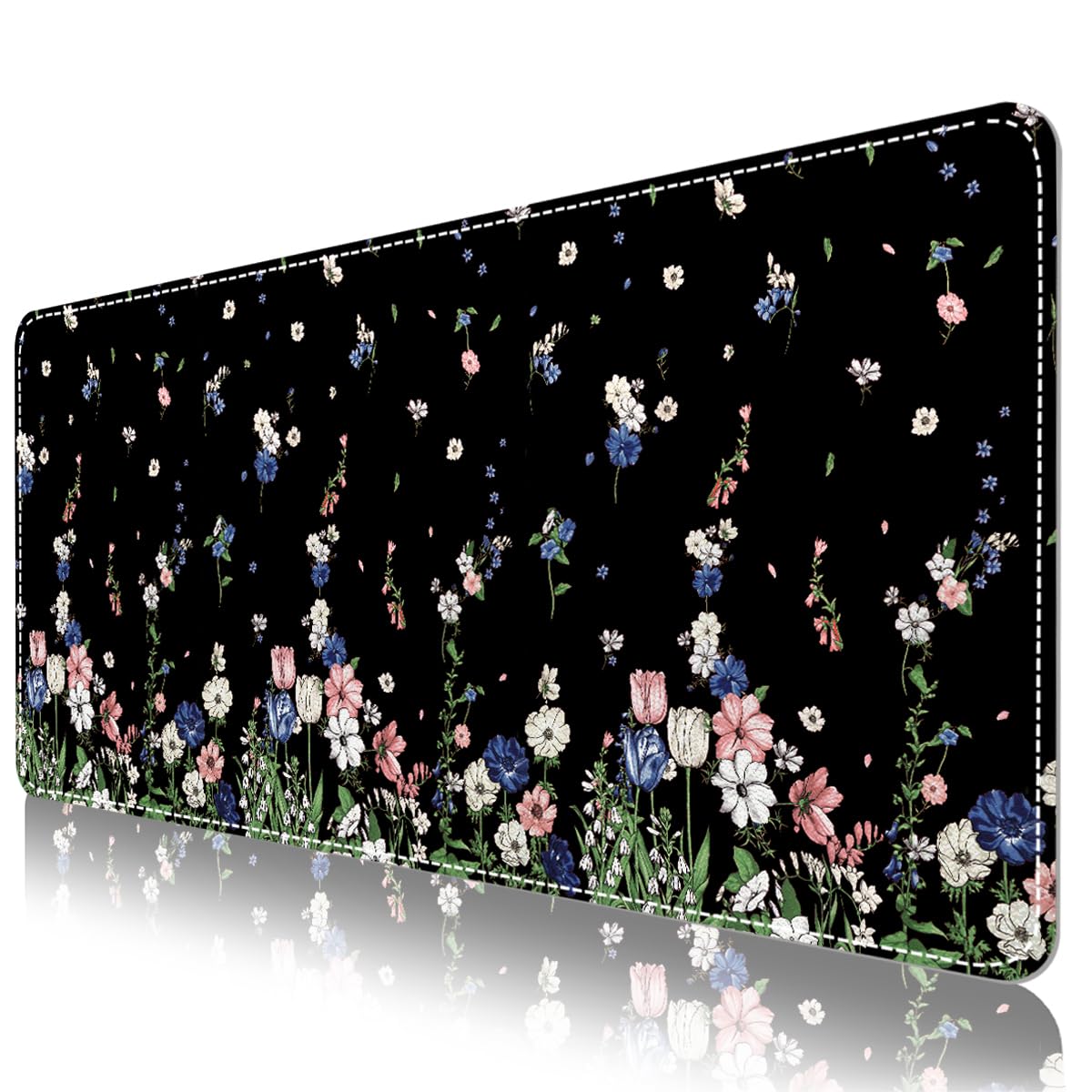 DINKY Leather Desk Protector Mouse Pad, Large Keyboard Mat, Non-Slip PVC Leather Blotter, Black Laptop Pad, Waterproof Writing Pad for Office Home 35.4" x 15.7", Flower Rain