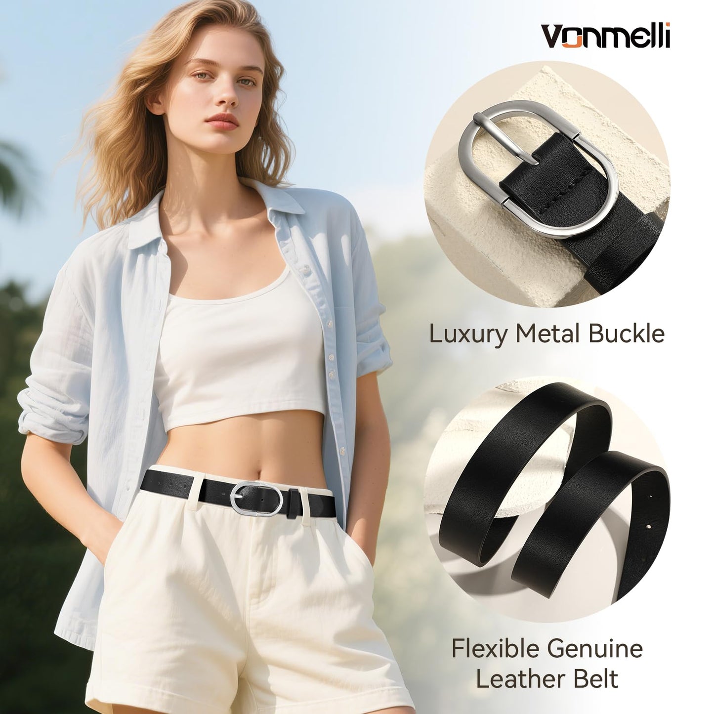 VONMELLI 3 Pack Women's Belts for Jeans Pants Fashion Silver Buckle Ladies Dress Belt Black Brown Beige M