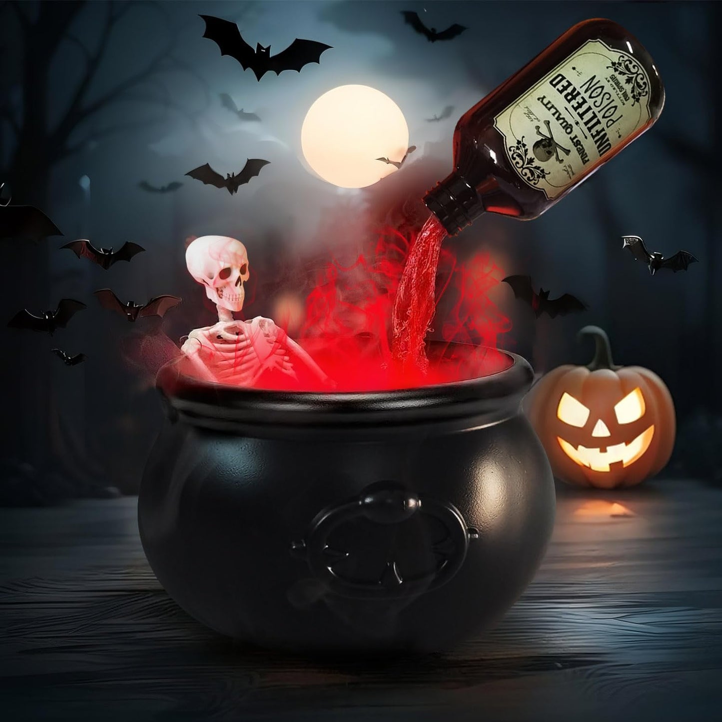 Halloween Decoration Set, Ultrasonic Mist Maker Fogger with Black Witch Cauldron DIY Magic Floating Bottles Halloween Skeleton Splash Guard, Spooky Hocus Pocus Party Decor for Home Garden Kitchen Yard