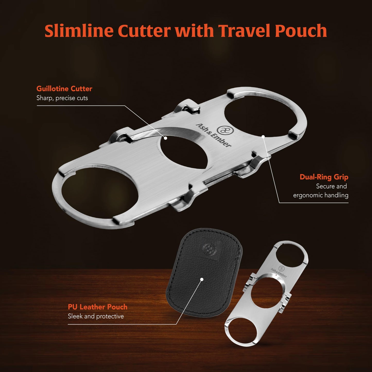 Guillotine Cigar Cutter – Premium Guillotine Cigar Cutter with Stainless Steel Finish, Dual-Ring Ergonomic Grip, Compact Travel-Friendly Design, PU Leather Pouch, Gift-Ready Box – Ash & Ember
