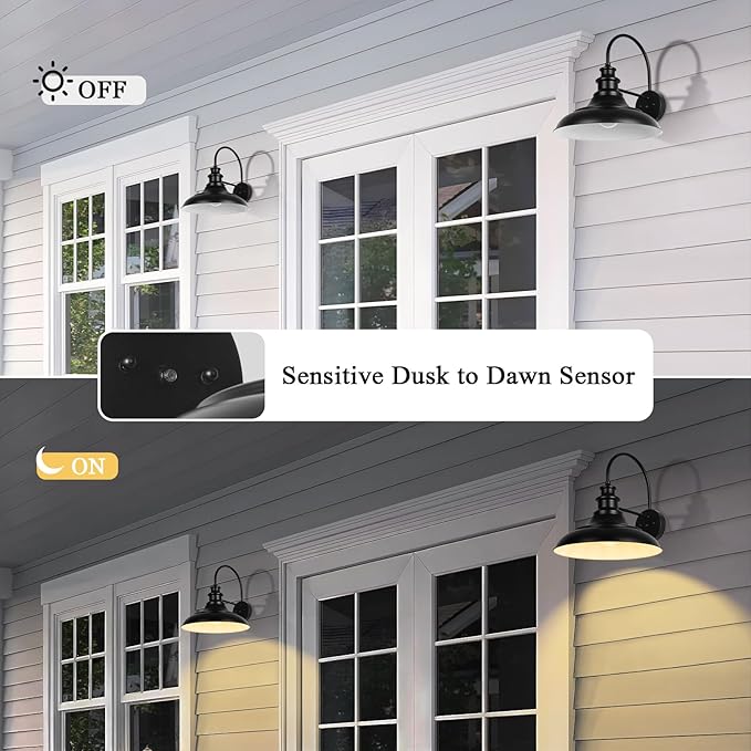 Dusk to Dawn Sensor Outdoor Barn Light Fixture, 12.3 Inch Dome Farmhouse Outdoor Wall Sconce, Gooseneck Exterior Wall Mount Light, Industrial Black White Finish Wall Lantern for Porch, DDRZ004 BK+WH