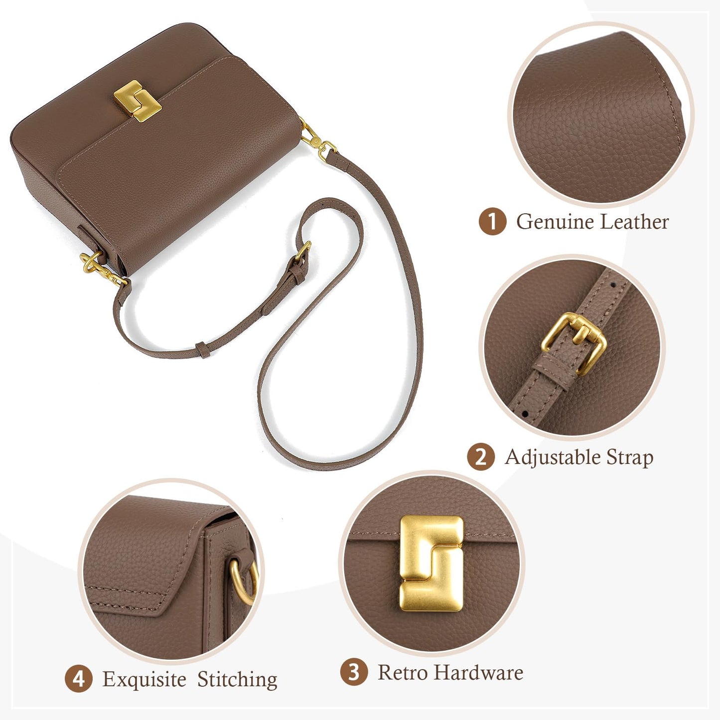 MFFOR Genuine Leather Shoulder Bags for Women, Crossbody Purses Vintage Handbags, Designer Bag with 2 Shoulder Straps (Coffee)