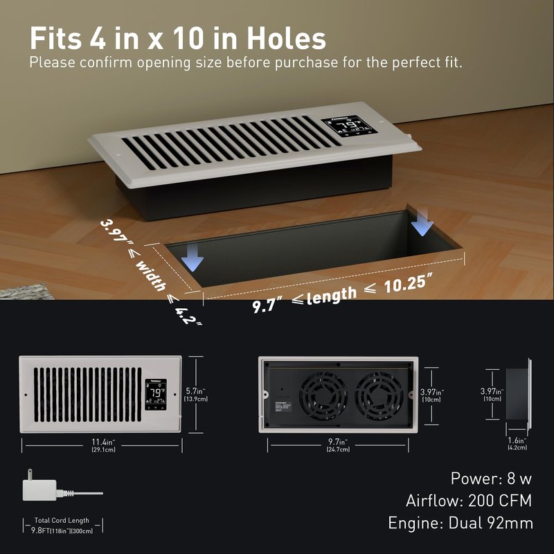 PowerScale 4" x 10" Smart Vent Air Booster Register Fan with Humidity Temeperature Sensor Register Fan with LCD Display Touchscreen Ceiling Register Booster for Efficient HVAC Air Boosting