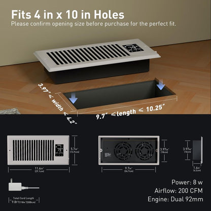 PowerScale 4" x 10" Smart Vent Air Booster Register Fan with Humidity Temeperature Sensor Register Fan with LCD Display Touchscreen Ceiling Register Booster for Efficient HVAC Air Boosting