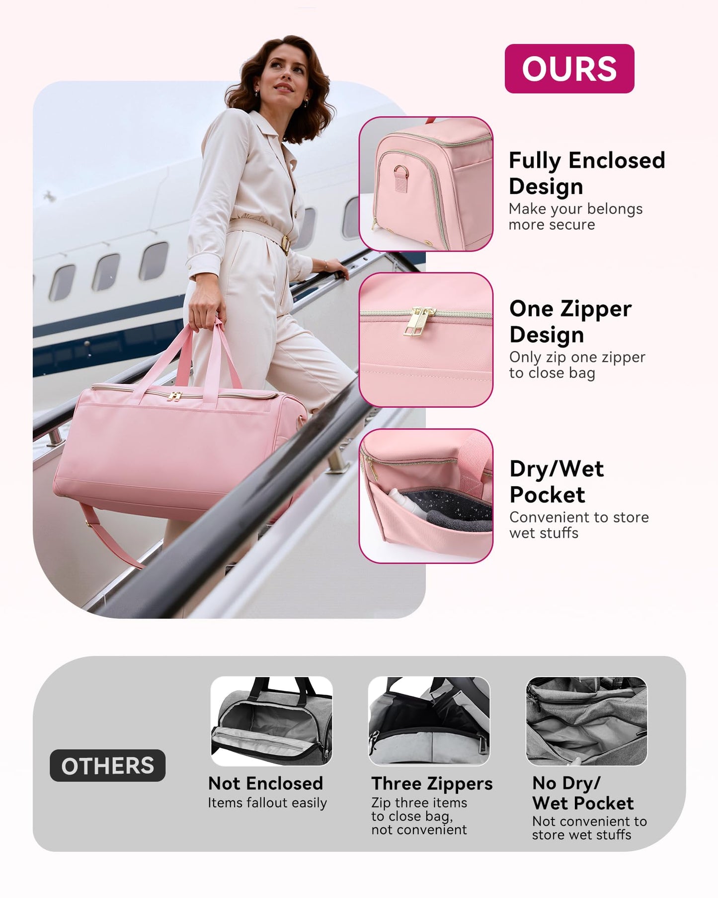 Convertible Travel Garment Bag, Carry on Garment Duffel Bag, 2 in 1 Hanging Dress Suitcase Suit Travel Bags, for Business Trips with Shoe Compartment & Multiple Pockets, AGPTEK (Pink)