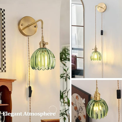 Vintage Wall Sconce Wall Lamp with Green Tulip Glass Shade Hanging Wall Sconce with 4.9FT Plug in Cord, Modern Wall Lamp Fixtures Decor for Bedside Bedroom Indoor Doorway