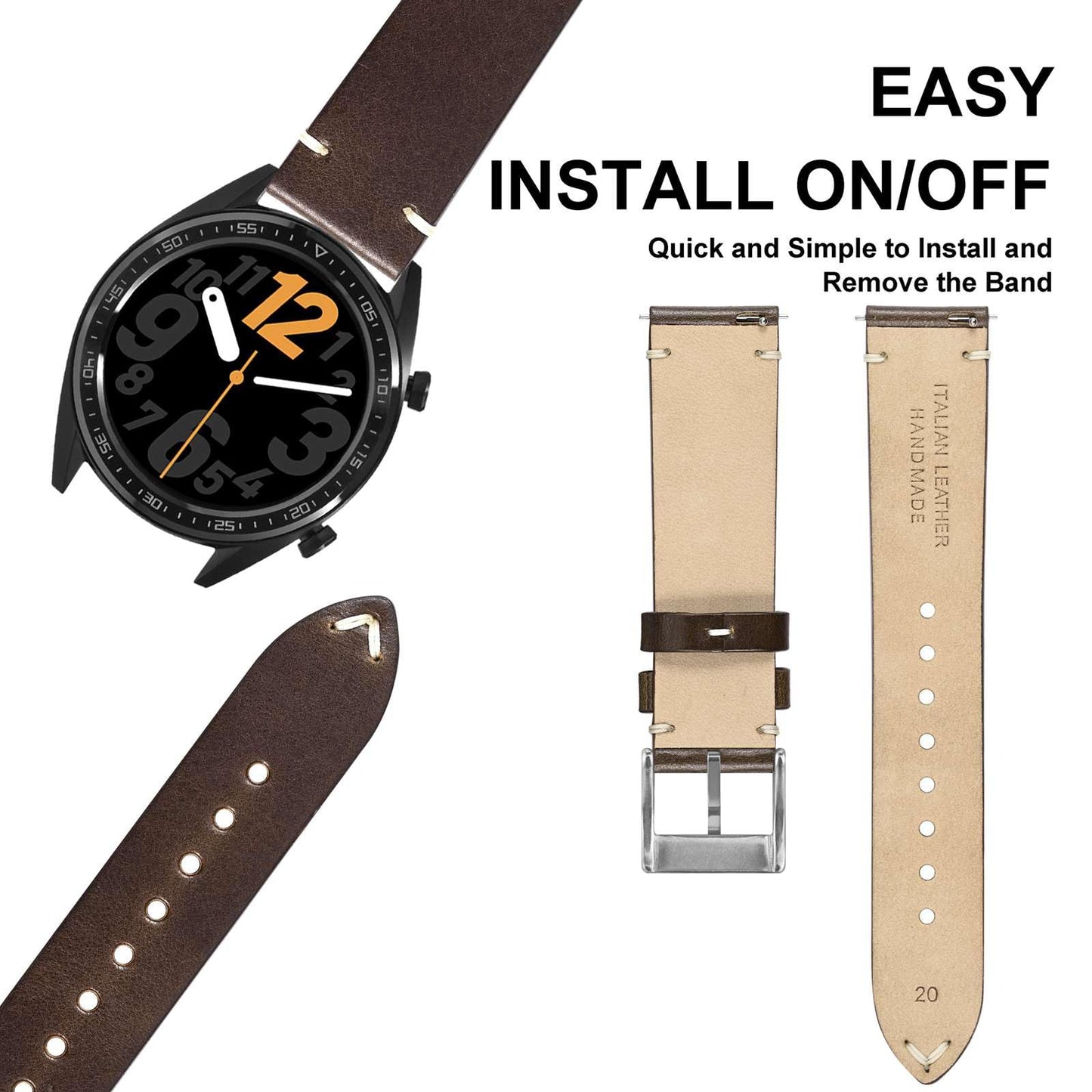 ANNEFIT Quick Release Watch Bands, Italian Vintage Leather Replacement Strap for Men and Women, Band Width 19mm (Dark Brown)