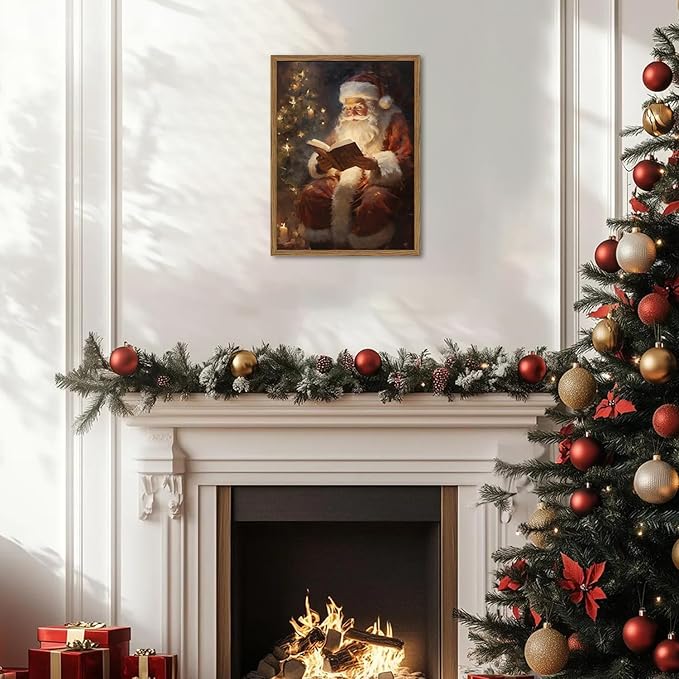 Framed Vintage Christmas Canvas Wall Art, Santa Claus Reading Book Paintings Wall Decor, Rustic Winter Holiday Pictures Prints for Living Room Bedroom Home Decoration 12×16 inch
