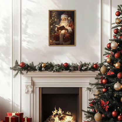 Framed Vintage Christmas Canvas Wall Art, Santa Claus Reading Book Paintings Wall Decor, Rustic Winter Holiday Pictures Prints for Living Room Bedroom Home Decoration 12×16 inch