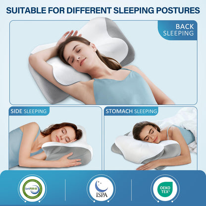 Effective Pain Relief Cervical Neck Pillow for Sleeping, Memory Foam Pillows for Neck Support, Odorless Contour Side Pillow, Ergonomic Bed Pillow for Back Stomach Sleeper (Grey and White)