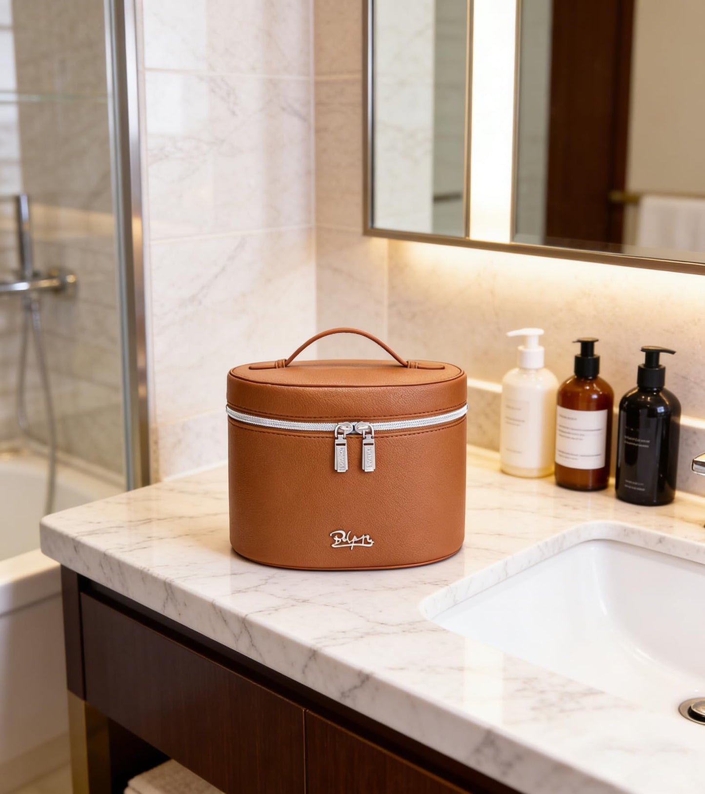 BOYATU Makeup Bag Vanity Case: Vegan Leather Cosmetic Bag for Women - Waterproof Travel Toiletry Organizer with Removable Divider - Portable Make up Bag with Handle (Brown)