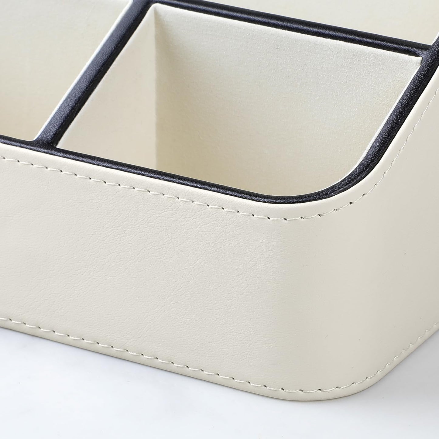 MEIBOOCH Remote Control Holder, PU Leather Small Desk Organizer with 4 Compartments, Nightstand Organizer Office Desk Accessories Desk Caddy for Countertop Bedside End Table (Cream)