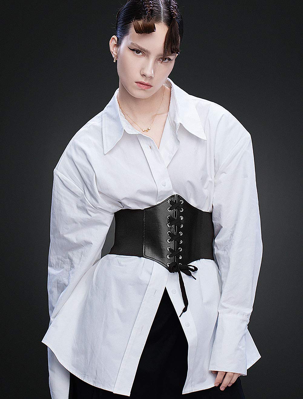 Glamorstar Corset Belt for Women Wide Elastic Tied Waspie Belts Lace-up Leather Waist Belts for Women Dresses 65cm Black