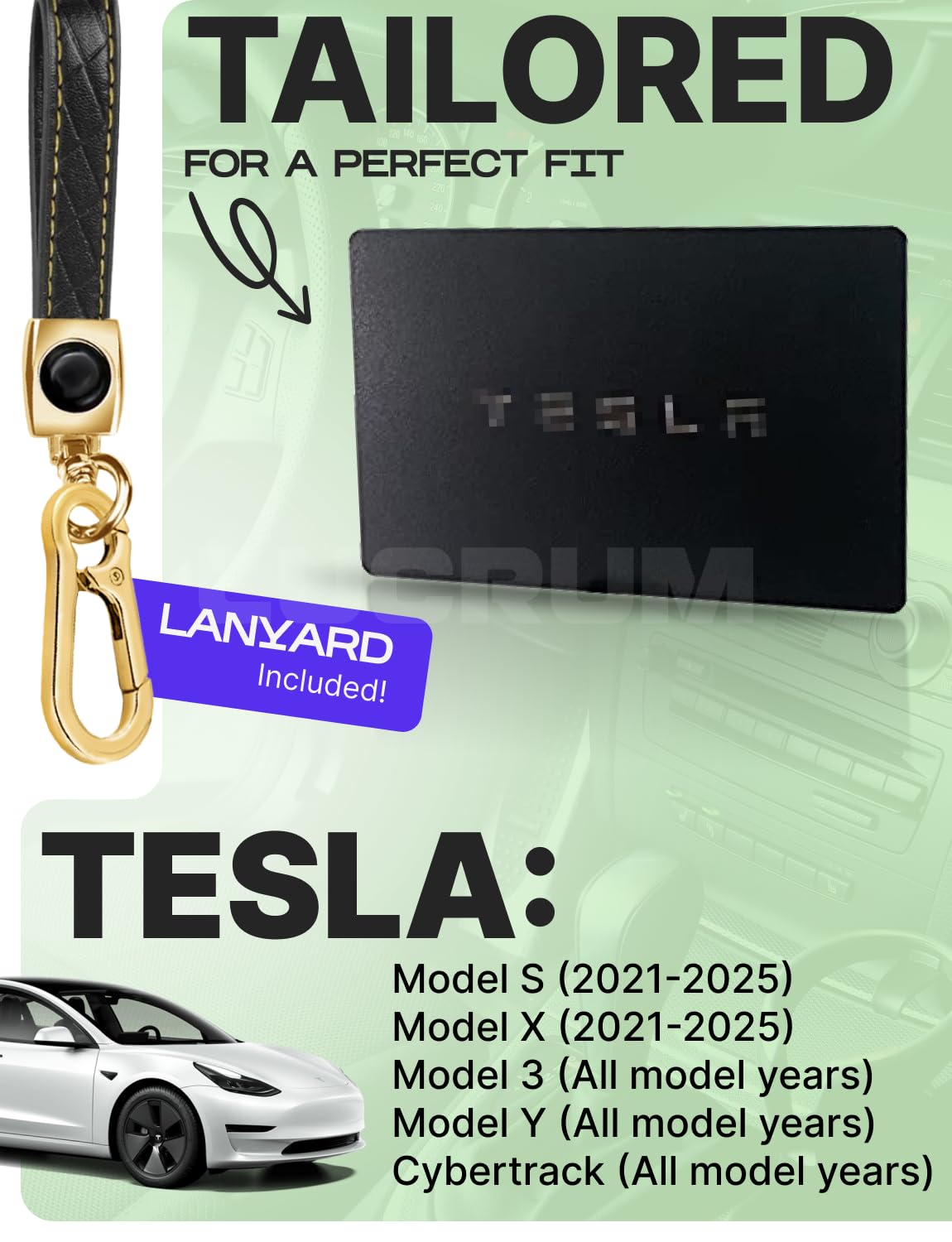 Lucrum Compatible with Tesla Card Key Holder & Leather Keychain - Model 3, S, Y, X, Cybertrack 2023-2024 TPU Accessories - Black