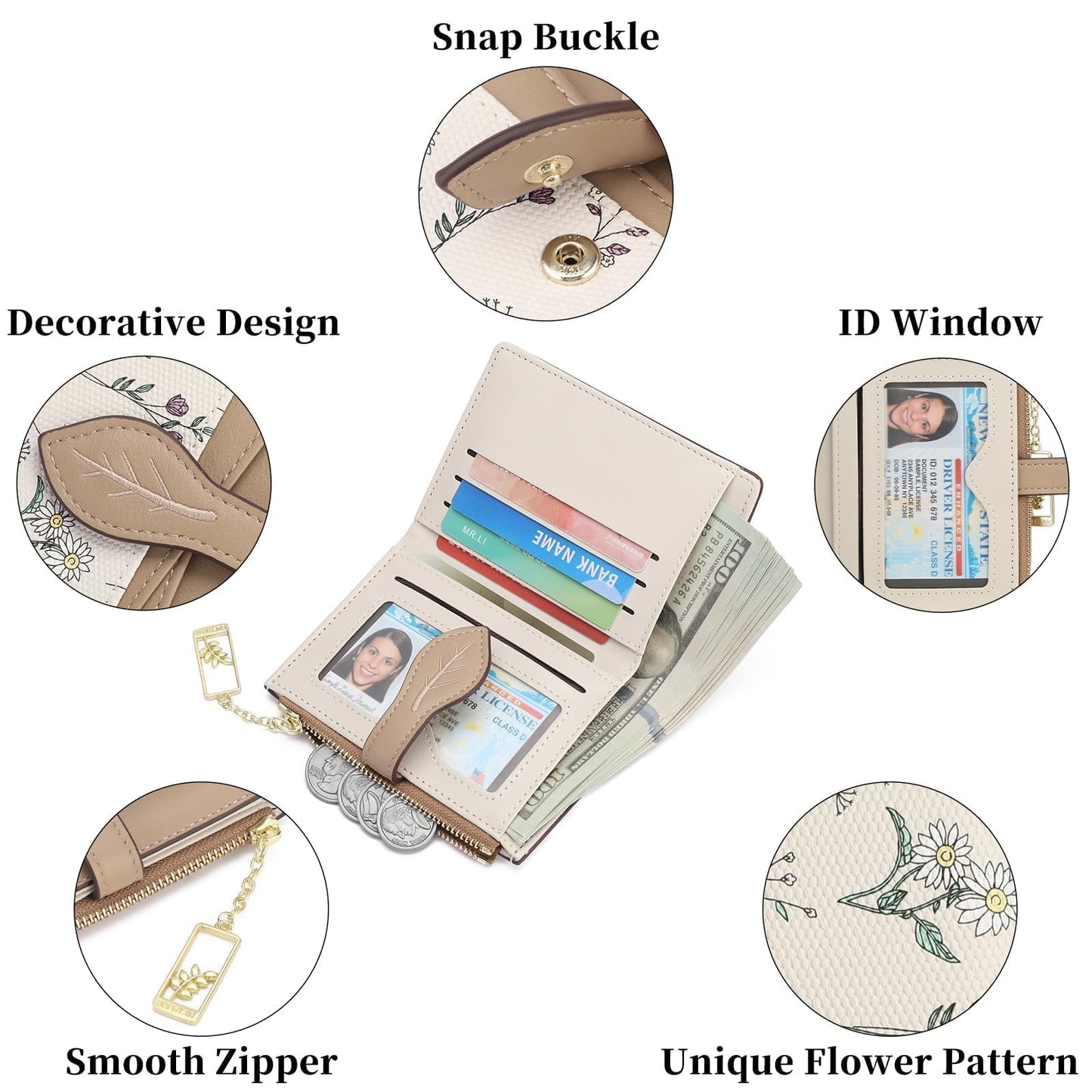 GAEKEAO Small Wallets for Women RFID Blocking Bifold Floral Vegan Leather Wallet Card Holder with Zipper Pocket ID Window