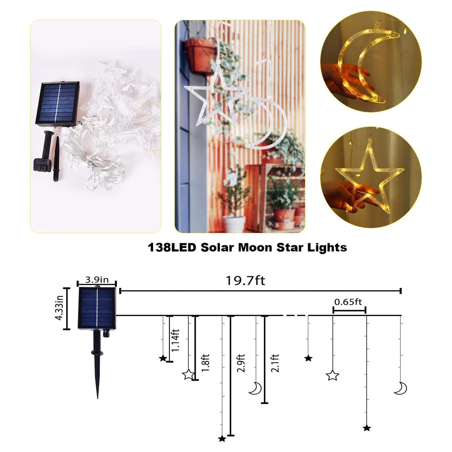 XINXIANLIAN 138 LED Ramadan Decorations Light Solar Moon Star Lights String Light Outdoor Waterproof Solar Powered Curtain Lights with 8 Modes Ramadan Hanging Decor for Patio (Warm White)
