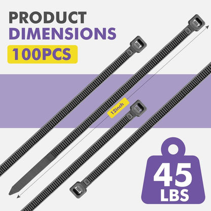 DAQIANG 12 Inch Zip Ties (100 Pack) - 45 lb Tensile Strength, Black Self-Locking Nylon Cable Ties for Indoor & Outdoor Use