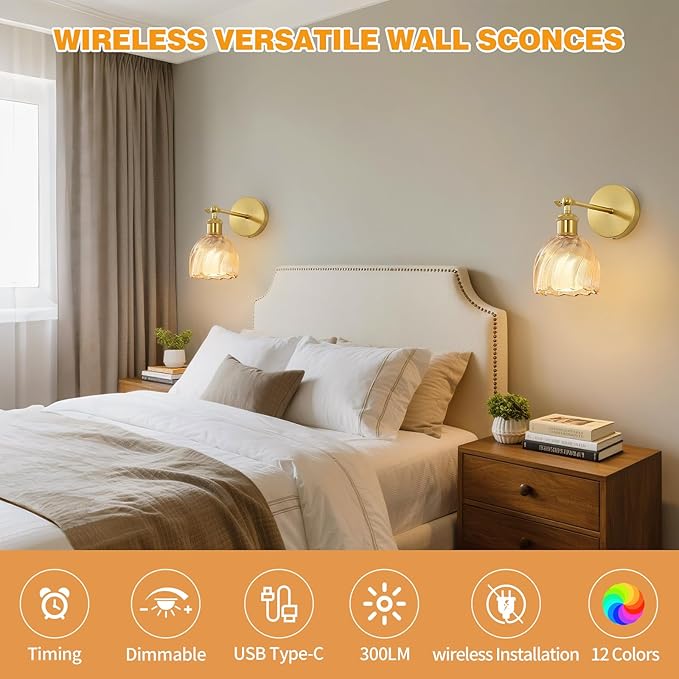 Vintage Battery Powered Cordless Wall Sconce Set of 2, Battery Wall Sconce with Amber Tulip Glass Lampshade, Rechargeable Battery Powered Wall Lights with Remote Control for Bedside Bedroom Doorway