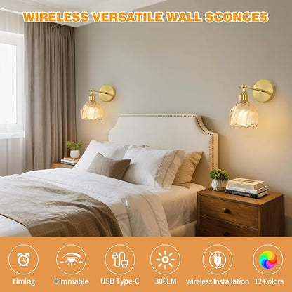 Vintage Battery Powered Cordless Wall Sconce Set of 2, Battery Wall Sconce with Amber Tulip Glass Lampshade, Rechargeable Battery Powered Wall Lights with Remote Control for Bedside Bedroom Doorway