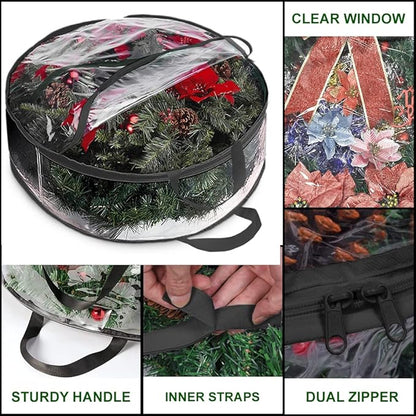 ProPik Christmas Wreath Storage Bag 24" - 2 Pack Clear Christmas Wreath Storage Container- Garland Holiday Artificial Wreath Storage Holder –Water Proof Transparent PVC (24 Inch, Black)