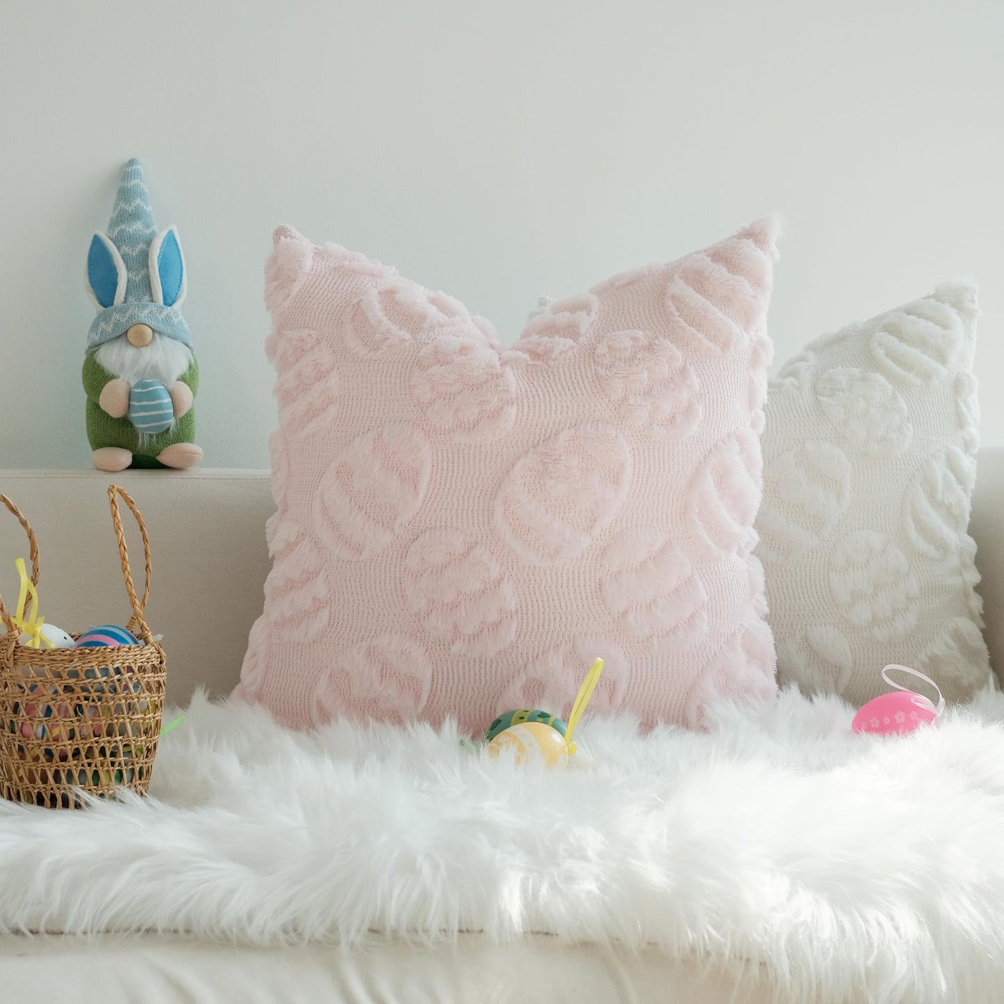JOJUSIS Decorative Pillow Covers Pack of 4 Spring Throw Pillowcases Faux Fur Couch Cushion Easter Egg 18 x 18 Inch