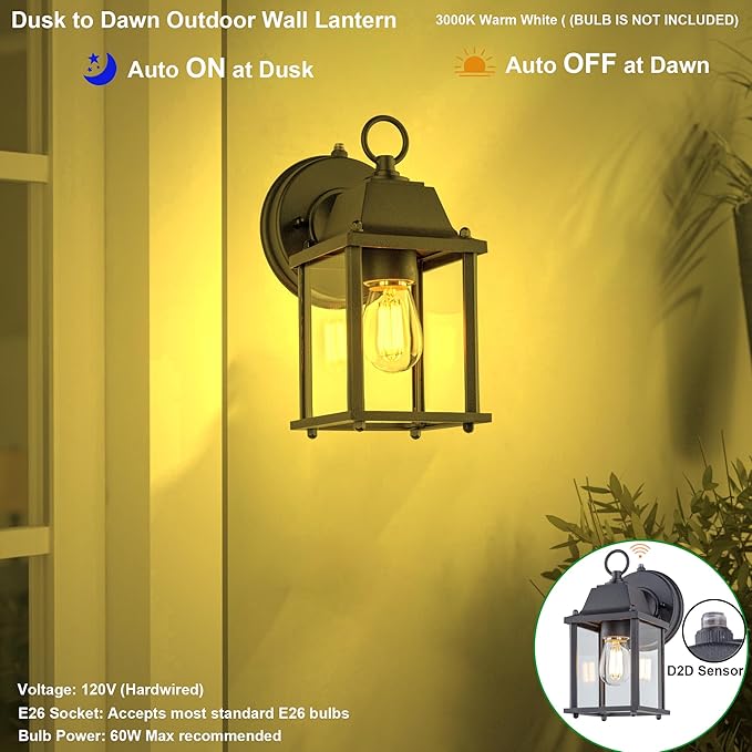 LIT-PaTH Dusk to Dawn Outdoor Wall Lantern, Wall Sconce, Waterproof Proch Light Fixture E26 Base, Aluminum Housing Glass Shade, Outdoor Rated, 2-Pack, Black