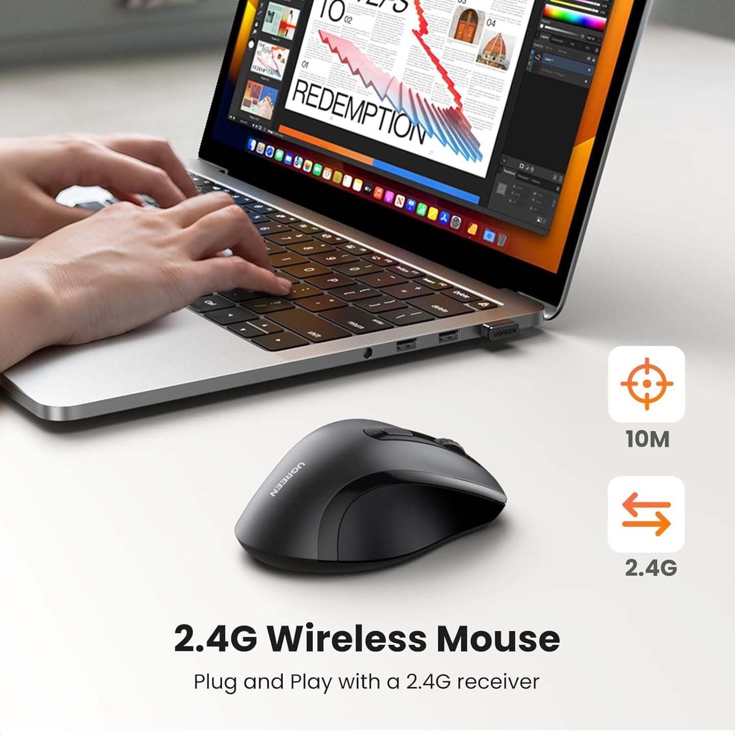 UGREEN 2.4GHz Wireless Mouse Ergonomic 1600 DPI USB Receiver Compatible with Windows Mac Linux Chromebook Laptop PC