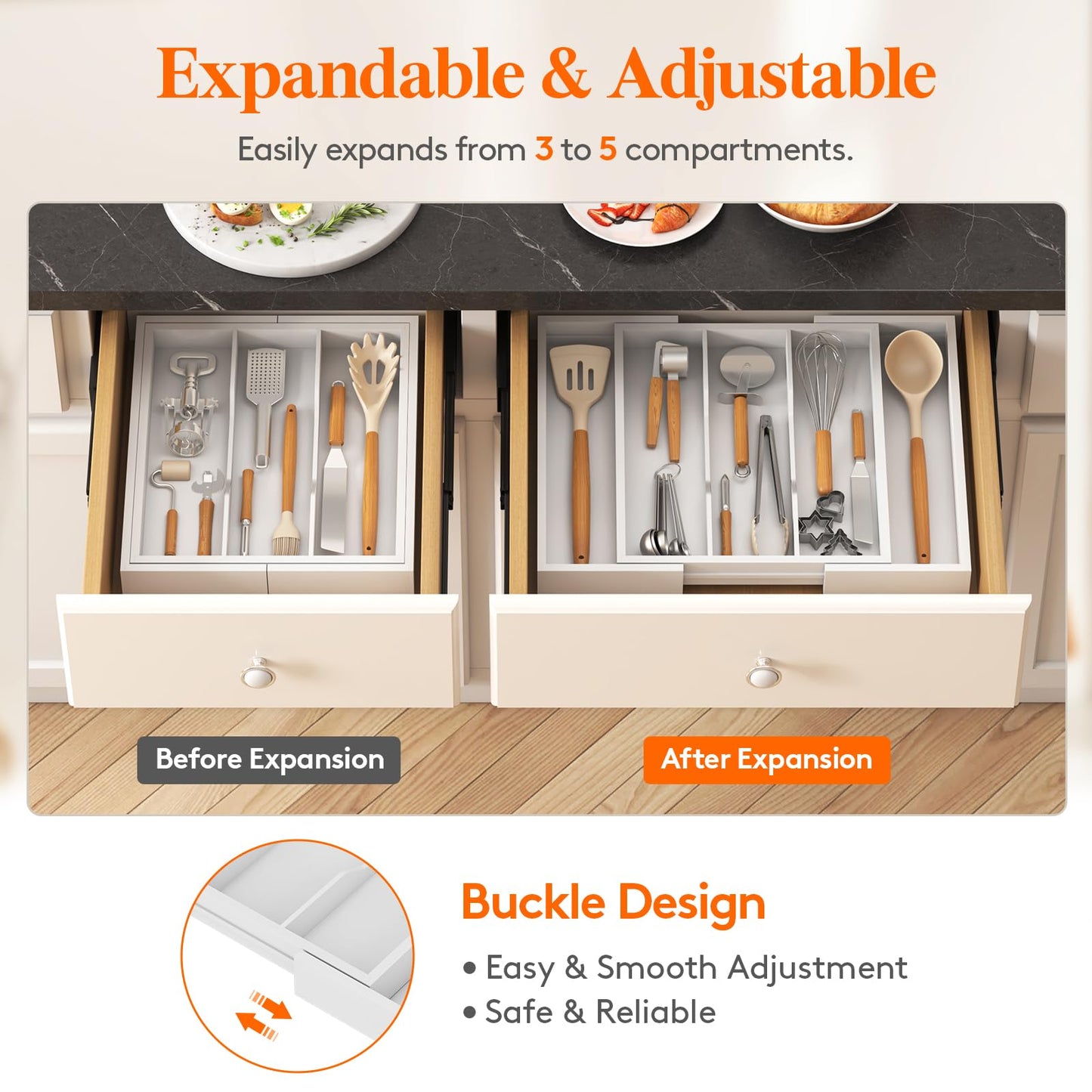 Lifewit Utensil Organizer for Kitchen Drawer, Expandable 13 to 22.4 Inches Wide, Adjustable Cooking Silverware Tray, Bamboo Cutlery Flatware Holder, Spatula Tools and Gadgets Storage Divider, Natural