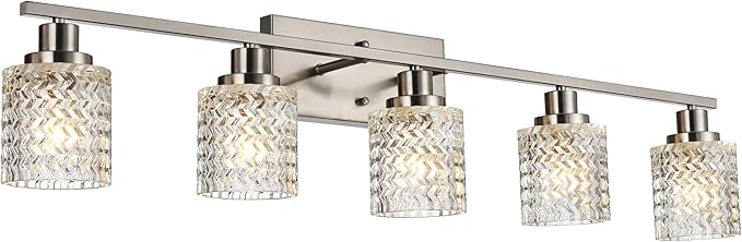 MELUCEE 5 Lights Brushed Nickel Bathroom Light Fixture Modern Light Fixtures Wall Mounted Modern Vanity Lighting with Hammered Glass Shade Suitable for Bathroom Mirror Sink Cabinet