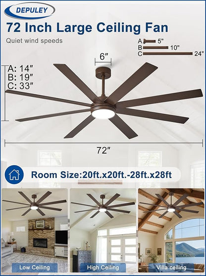 Depuley 72" Ceiling Fans with Lights: Large Indoor/Outdoor Ceiling Fan for Patios Living Room - 8 Blades Brown Dimmable Ceiling Fans with Remote APP Control Timer Reversible Quiet DC Motor 6 Speeds