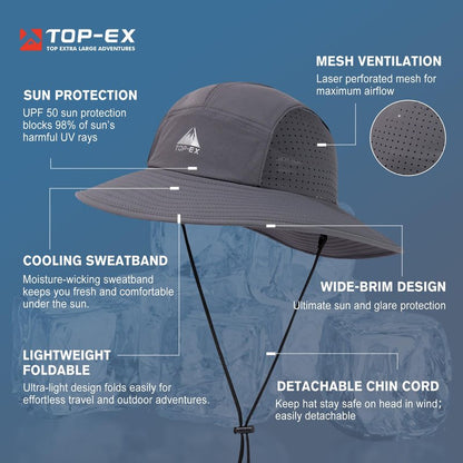 TOP-EX Breathable Sun Hats for Men Waterproof Brim Bucket UPF50+ UV Protection Boonie Beach Fishing Hiking Golf Packable Gifts Big Head Large XXL XL Dark Grey