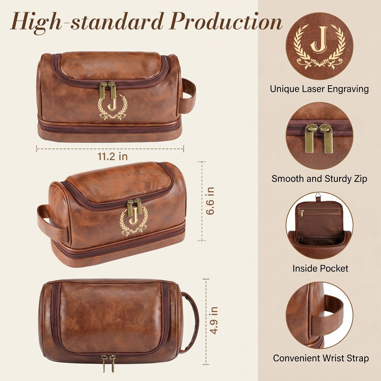 Groomsmen Gifts for Men Travel Toiletry Bag, Personalized Leather Toiletry Bag with Handle & Hook, Water Resistant Shaving Kit Bag for Wedding Party Bachelor Party Favors Bestman Gifts（C）