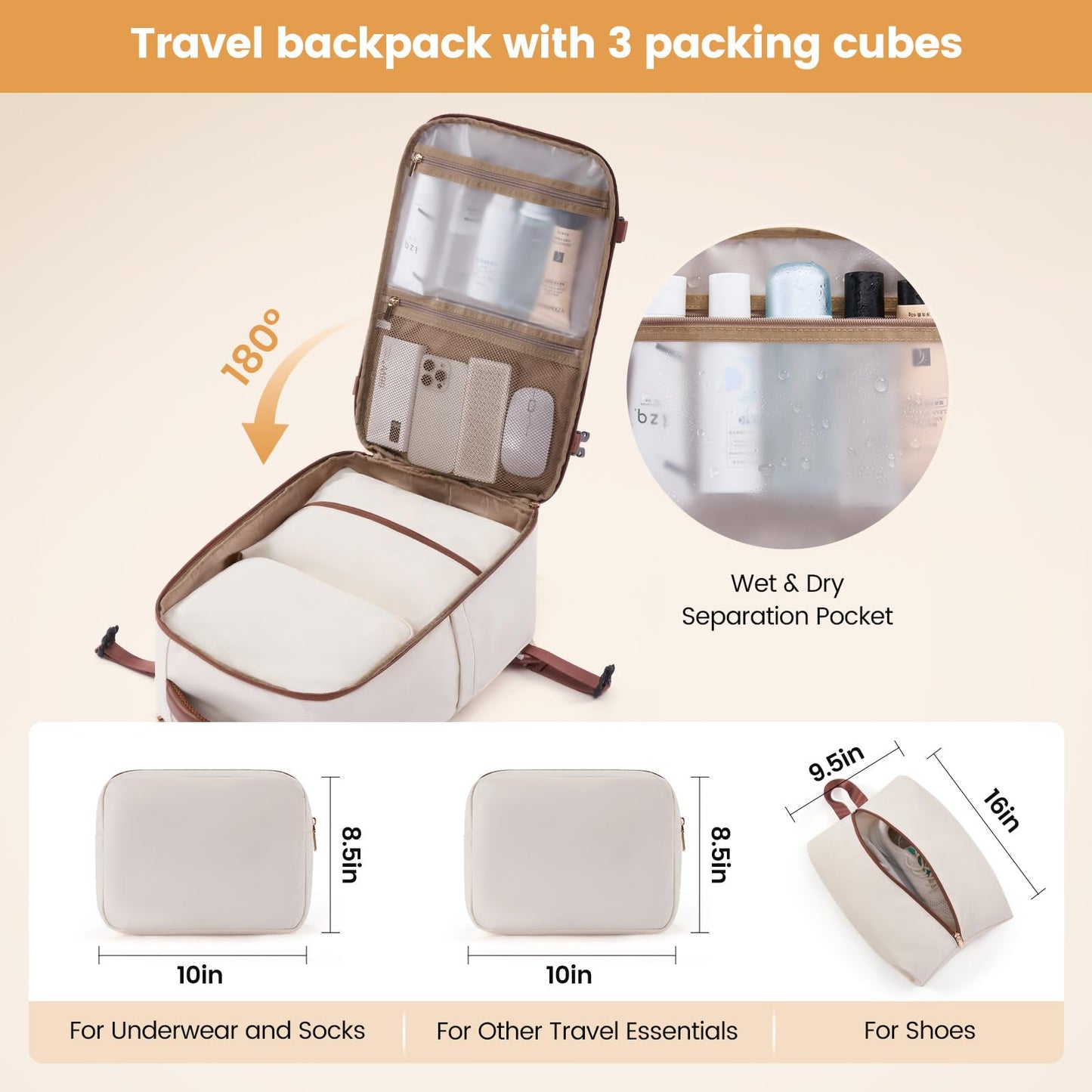 LOVEVOOK 50L Travel Backpack for Women,Carry on Luggage Backpack Flight Approved with 3 Packing Cubes,Waterproof Personal Item Travel Bag fits 17 Inch Laptop,Overnight Weekender Business Daypack