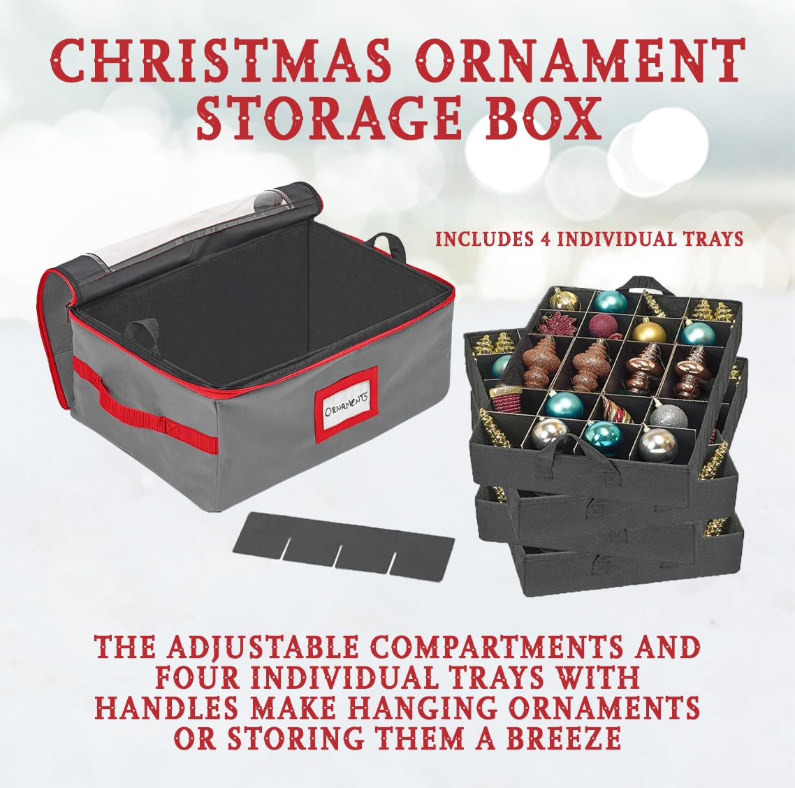 HOLDN’ STORAGE Christmas Ornament Storage Box with Dividers - Fits 96-3” Ornaments, 4 Removable Trays, Durable & Space-Saving, Clear Top Lid, Convenient Storage Designed, Grey