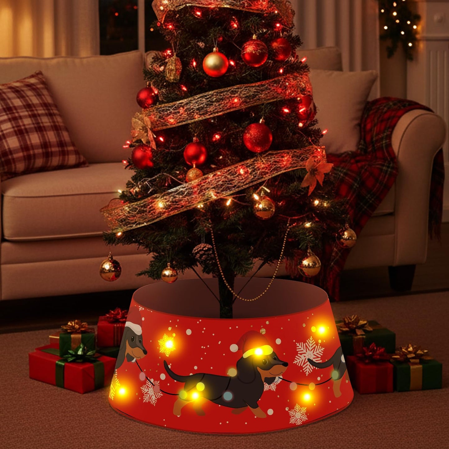 Dog Christmas Tree Collar Dachshund Christmas Decor Red Tree Skirt with LED Light Ring Base Cover for Christmas Trees Decoration Holiday Indoor Outdoor