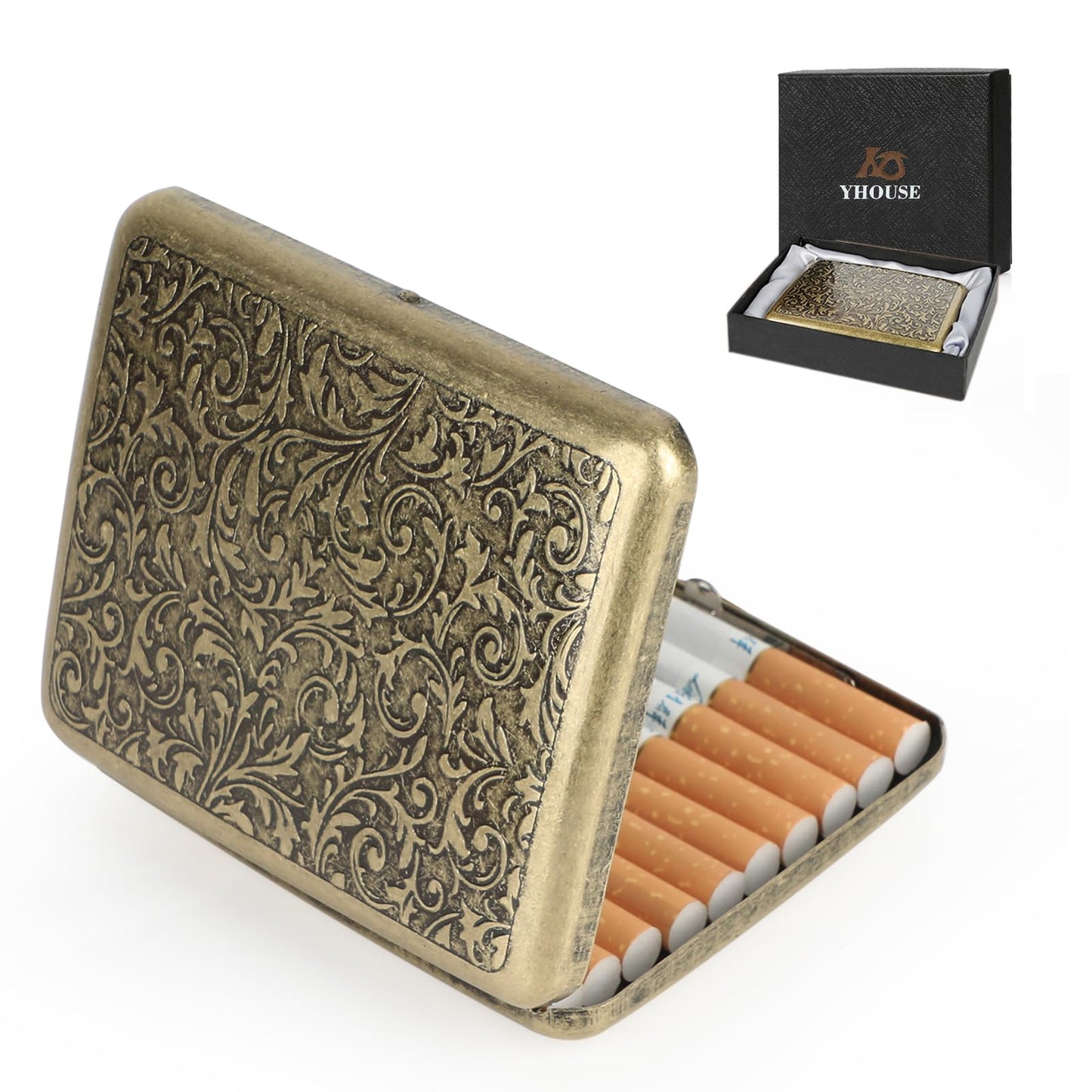 YHOUSE Cigarette Case - Retro Metal Cigarette Box Double Sided Spring Clip Open Pocket Holder for 20 Cigarettes (Golden)