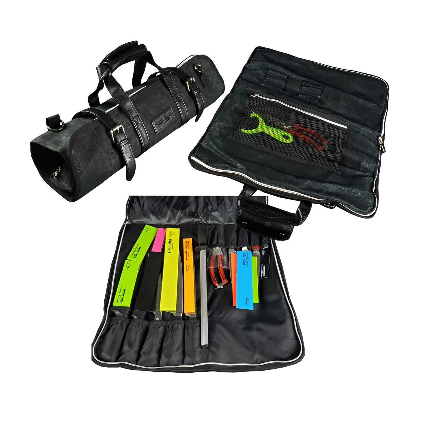 Ergo Chef Heavy Duty Waxed Canvas 10 Pocket Chef Knife Roll Bag Knife Case with Mesh Tool Pocket (Black) Durable Knife Case with Handle, Removable Shoulder Strap & Large Zippered Mesh Pocket