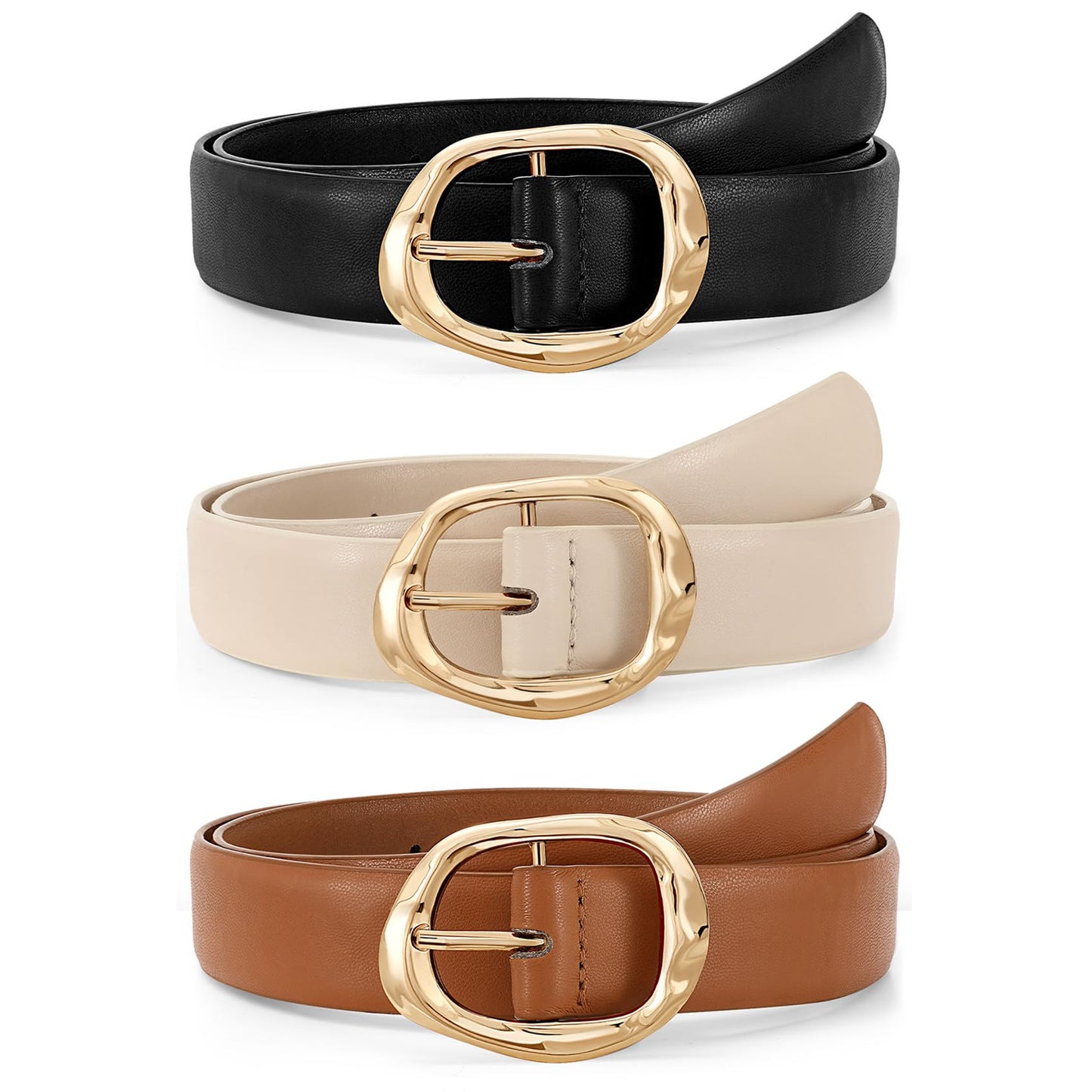 JASGOOD 3 Pack Womens Black Leather Belts for Jeans Pants Ladies Waist Belt Fashion Black Belt with Gold Buckle