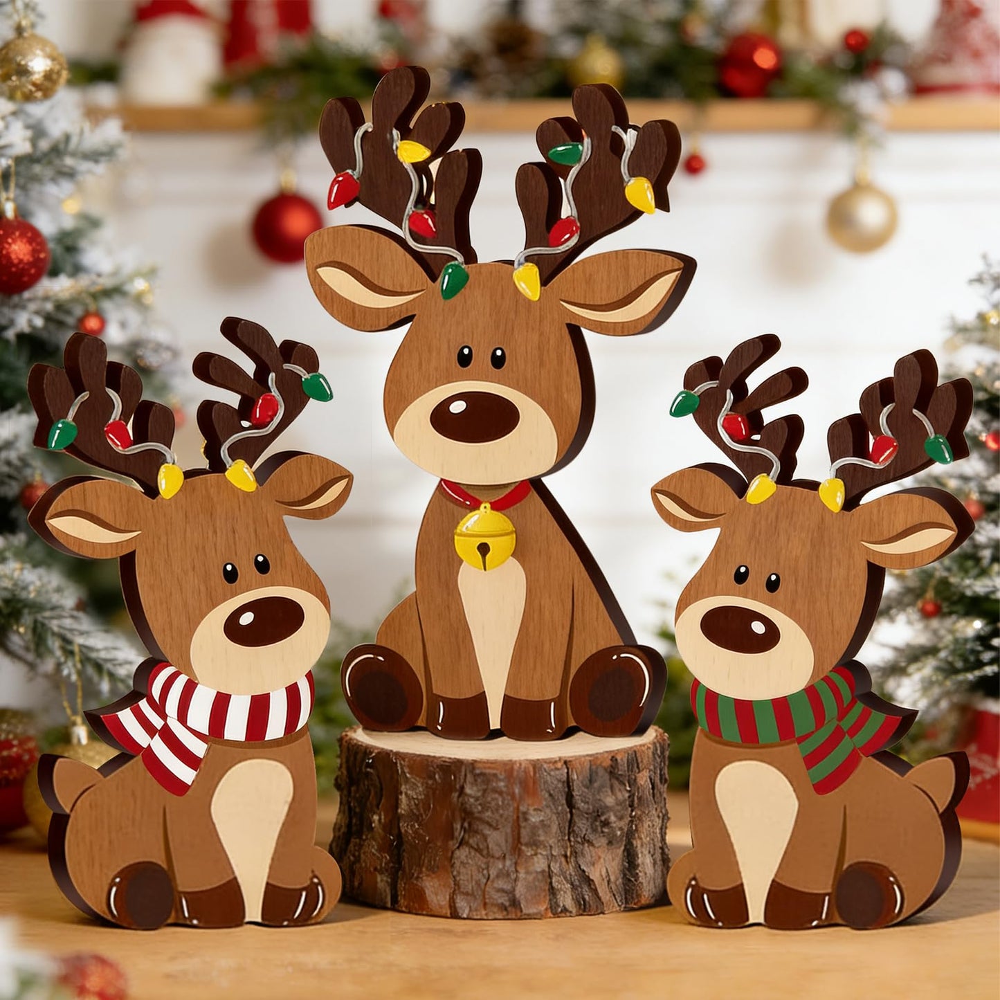 FYSUIMU 3 Pcs Christmas Wooden Signs Xmas Reindeer Wood Tabletop Signs Elk Desktop Centerpieces for Farmhouse Home Tiered Tray Shelf Cabinet Table Decor