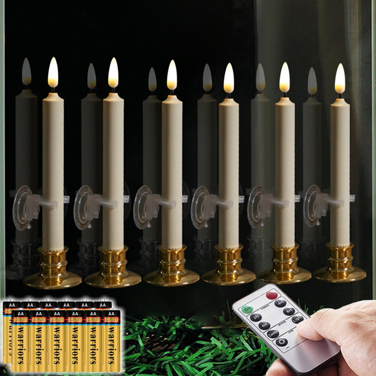 NONNO & ZGF 6PACK Flameless 8'' Window Candles +12 AA Batteries(Include)+6 Suction Cup+6 Golden Candleholders. Battery Powered Ivory Taper Candles with Remote and Timer.Remote Included