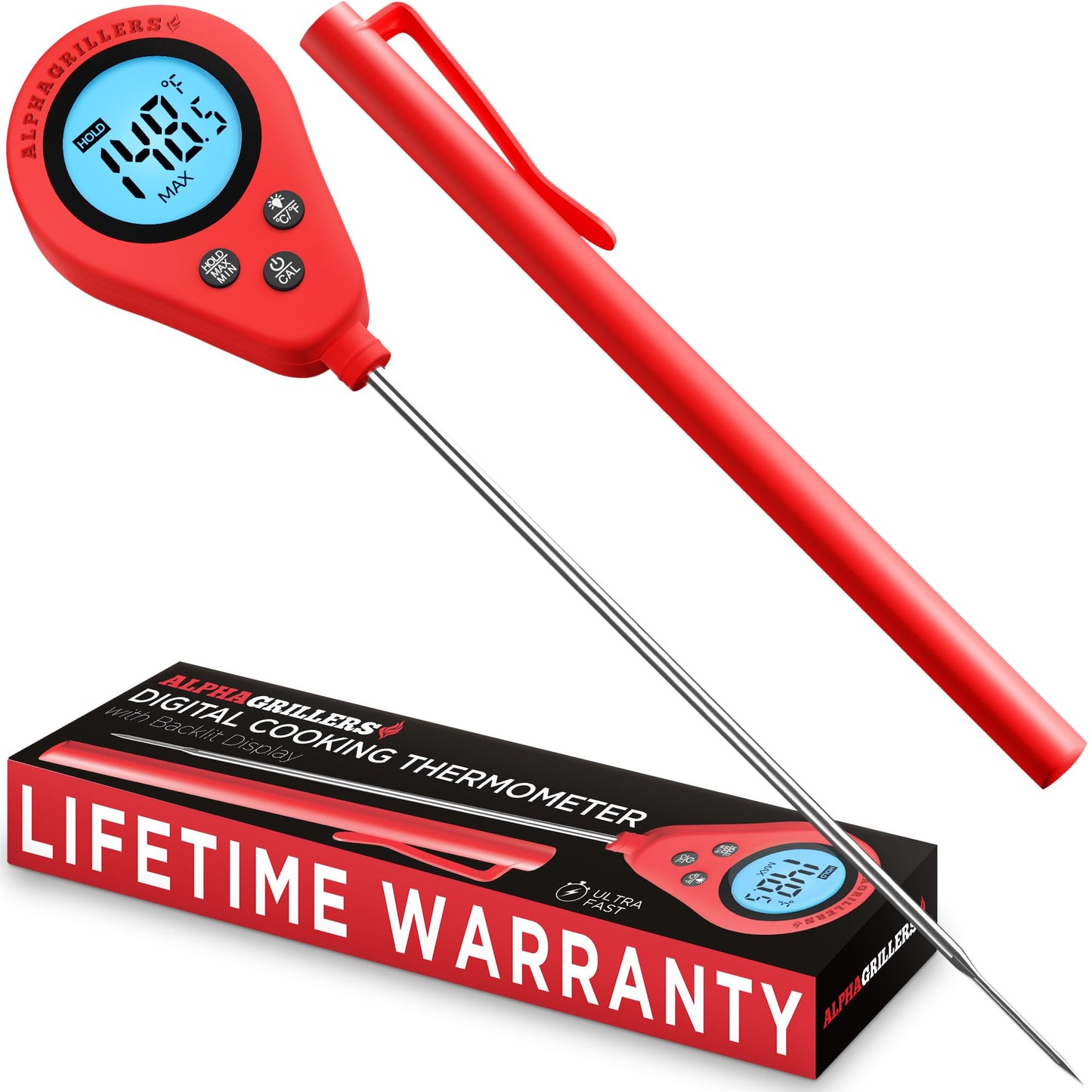 Alpha Grillers Instant Read Meat Thermometer Digital Food Thermometer for Cooking Grilling Bread Baking Liquids and Air Fryer with Temperature Guide, Long Probe and Large Backlit Display