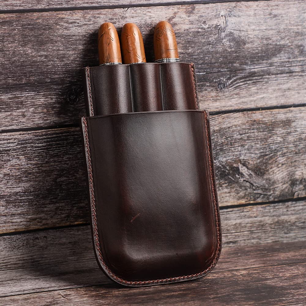 Cigar Case Holder Classic 3-Finger Leather Cigar Case Cigar Humidor Without Steel Cutter
