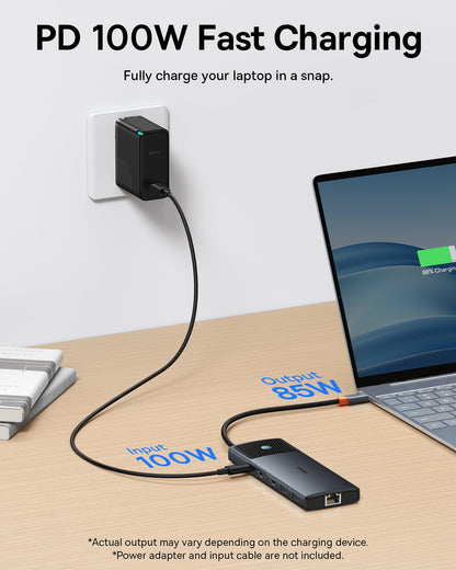 Baseus Laptop Docking Station Dual Monitor 4K@120Hz, 9 in 1 USB C Hub with 2 HDMI, 1000Mbps LAN, Max 85W PD, 3 USB, SD Card Reader, USB C Dock Compatible with iPhone 15/Mac/Dell/HP/Surface/Steam Deck