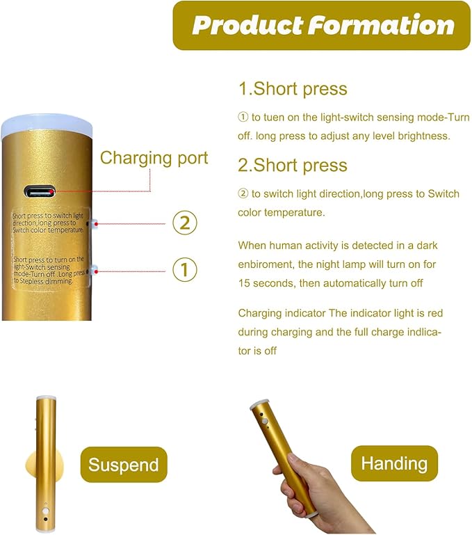 Motion Sensor Night Light, Cordless Battery Powered Magnetic Wall Light, Adjustable 3 Mode Lighting, 2 only Mounted, Corridor Staircase Sensor Night Light (2 pcs-Gold)