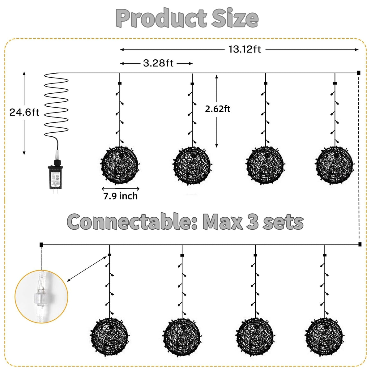 Outdoor Christmas Balls Lights 4 Pack Hanging 7.1" LED Garden Sphere Tree Lights 8 Modes Waterproof Glow Globe Light with Memory Timer Plug for Yard Porch Eave Patio Home Bedroom Decoration-Cool White