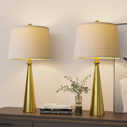 Oneach 25.75" 3-Way Dimmable Touch Control Modern USB Table Lamp Set of 2 for Living Room Bed Room Bedside Nightstand Lamps Fabric Shade Vintage Accent Light Gold Antique Brass