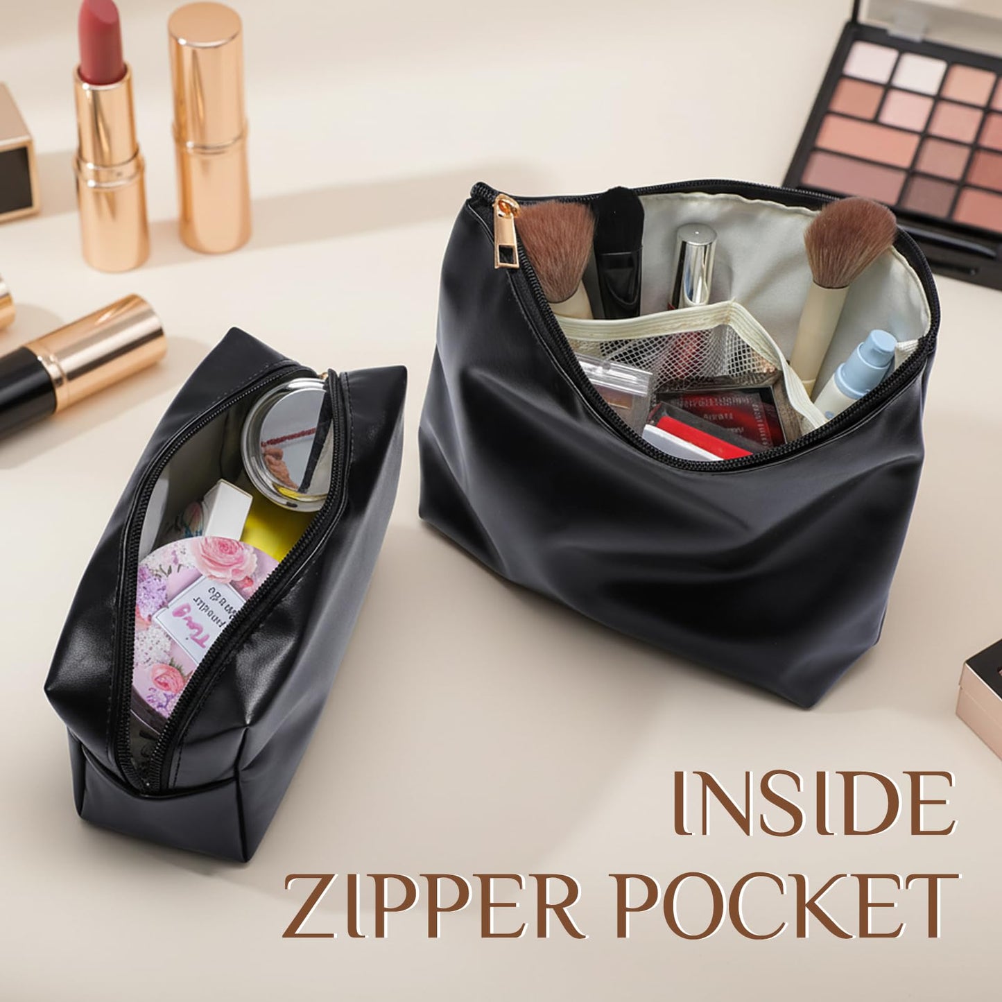 Kigeli 2 Pcs PU Leather Makeup Bag Set for Women Waterproof Aesthetic Cosmetic Bag Large & Small Travel Toiletry Organizer Pouch Skincare Organizer Bridesmaid Mother's Day Birthday Gift(Black)