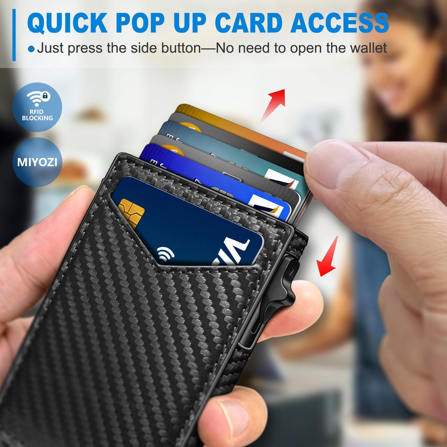 miyozi Wallet for Men, Slim Pop Up Card Holder - RFID Blocking Minimalist Bifold Wallet with ID Window, Holds 9-11 Cards & Stretchable Strap, Metal Flip Case with Magnetic Closure, Gift Box