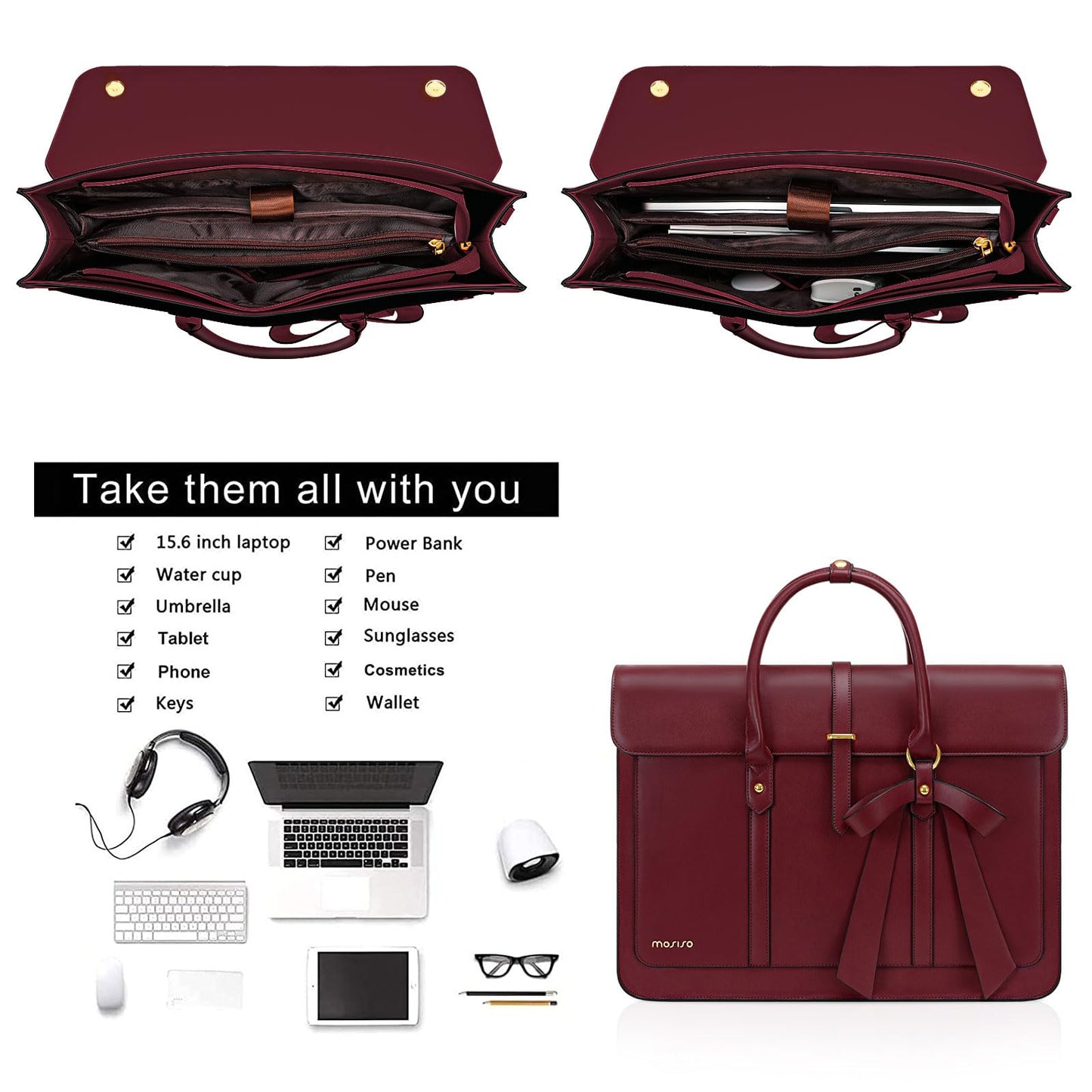 MOSISO Laptop Bag for Women, 15-15.6 inch PU Leather Laptop Shoulder Bags Convertible Backpack, 16 inch Messenger Bags Casual Handbag Work Briefcase Travel Computer Bag with Bowknot, Wine Red